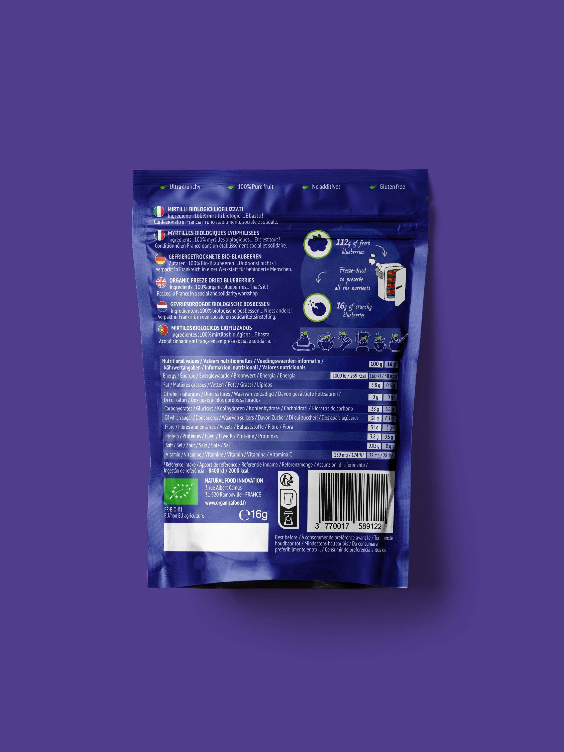 BOX DI 12 SNACK DI MIRTILLI LIOFILIZZATI